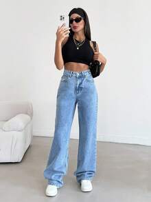 EURMUSE Blugi casual drepți cu talie înaltă pentru femei - Spălare ușoară - Vizualizare 5