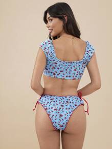 WESTFADE Floral Print Mid Rise High Cut Leg Semi Cheeky Coverage Adjustable Bow Tie Side Bikini Bottoms Summer Beach Vacation - Blue - View 4