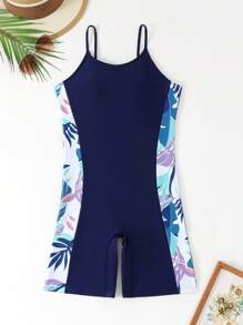 少女随意印花时尚夏季泳装 - 藏蓝色 - 查看 3