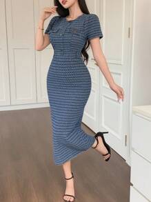 DAZY 女士休闲条纹圆领泡泡袖牛仔连衣裙 夏季女装长裙 - 中等水洗藍 - 查看 4