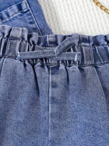 2pcs Set Young Girls Denim Jacket With Collar & Ruffle Waist Denim Shorts - Medium Wash - View 5