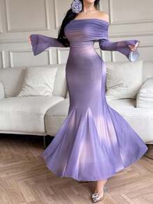 Modelyn 女士优雅露肩渐变色美人鱼连衣裙