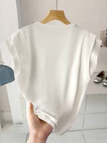 SHEIN LUNE Tricou de vară cu mânecă de liliac, simplu, de vară, cu guler rotund, simplu, înapoi la școală, ținute pentru femei, haine vintage, haine de afaceri casual pentru femei, haine de toamnă, stil vechi de bani, pentru femei