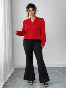 Elenzga 2pcs Set Plus Size Women Satin Long Sleeve Top And Bell-Bottom Flare Pants Fall Cloth For Women - Multicolor - View 3