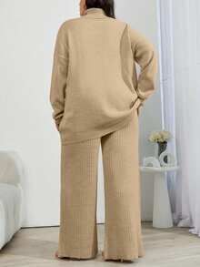 EURMUSE 2pcs High Neck Drop Shoulder Sweater And Ribbed Solid Color Sweater Pants - Camel - View 2