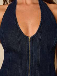 COSMINA 女式休闲露背挂脖牛仔连衣裙，复古风，秋季女装 - 藏蓝色 - 查看 7