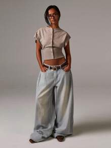 Athîral 女式休闲简约纽扣前蝙蝠袖针织毛衣背心，日常穿着 - 灰色 - 查看 4