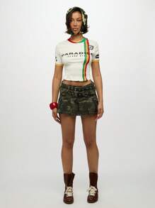 SUMWON WOMEN 天堂岛婴儿 T 恤夏季褶饰腰部拉斯塔条纹短款上衣赛车号码军装风格头巾节日度假海滩