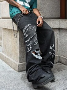 PAVTROS 美式街头时尚刺绣磨边黑色宽松阔腿牛仔裤，Emo风格