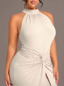 Radiana Đầm cổ yếm thanh lịch màu trơn cỡ lớn cho nữ, thiết kế xoắn eo thời trang, mùa xuân/hè - Màu be - Xem 6