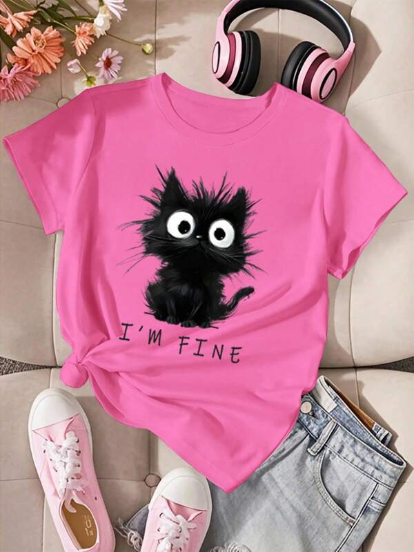 Tween Girls Casual Comfortable Minimalist Cat Graphic Short Sleeve Round Neck T-Shirt, Suitable For Summer Wear