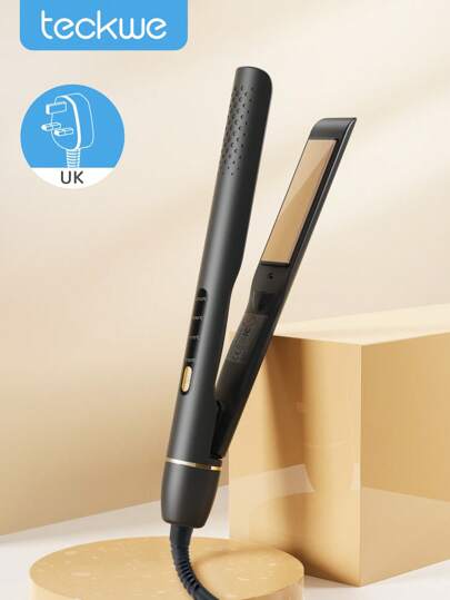 Teckwe 快速加热可调温直发器和卷发器，双电压，钛板平板夹，减少毛躁，使头发更亮泽顺滑，适合旅行和家庭使用，黑色 - 英国插头