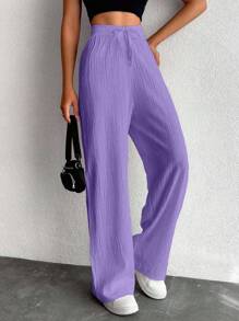 EURMUSE Petite Women's Solid Color Long Waist Drawstring Pants - Lilac Purple - View 4
