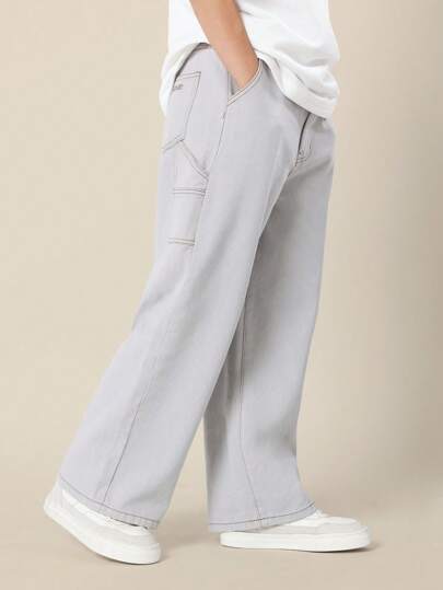 SUMWON 阔腿木匠风格裤复古街头实用工装宽松休闲剪裁经典牛仔另类青少年时尚四季日常休闲裤儿童青少年下装舒适裤