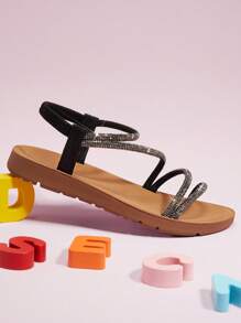 Mini mi 女童水钻系带露趾黑色凉鞋 - 时尚、闪亮、舒适的公主凉鞋 - 黑色 - 查看 6