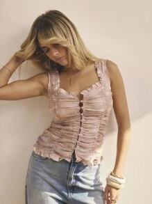 Aralina 女式复古褶饰纽扣可爱夏季上衣，完美适合 2000 年秋季、夏季和乡村音乐会