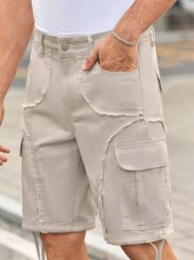 Manfinity VCAY Quần short denim cạp vừa, họa tiết chắp vá bất đối xứng, viền tua rua, thường ngày cho nam, quần short nam, quần short nam, quần short kaki, quần short nam, quần short túi hộp cho nam - Màu be - Xem 7