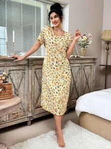 CottageSlumber 女式宽松短袖罗纹针织迷你卷边睡袍，Moo Moo 睡裙 - 黃色 - 查看 5