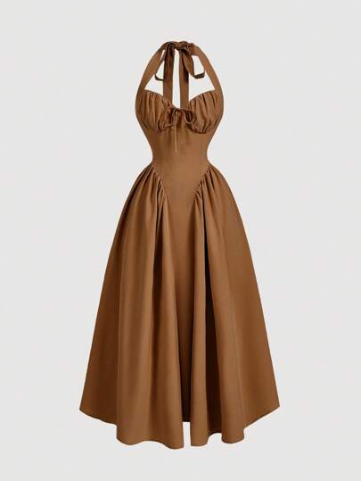 SHEIN MOD Women's Halter Neck Ruched Bow Swing Dress, Brown Color Party Women Outfits,New Years Eve Outfit,Masquerade Ball Dress,Birthday Women Outfits,Sexy Brown Dress,Dress With Bow Dress,Princess Women Dress For New Year