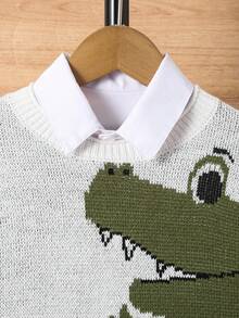 童装小男孩绿色卡通动物图案圆领保暖针织可爱毛衣派对生日穿男孩毛衣男孩针织衫秋冬秋季儿童针织衫 - 白色 - 查看 6