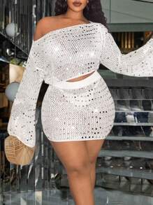 性感闪光针织圆领长袖上衣和紧身迷你裙套装，时尚休闲装，不对称设计 - 白色 - 查看 1