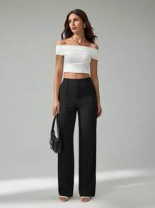 SHEIN Tall Quần âu màu be nhạt mùa hè cho nữ, đi làm và hẹn hò thanh lịch - màu đen - Xem 6