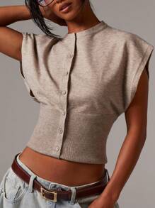 Athîral Women's Casual Minimalist Button-Front Batwing Sleeve Knit Sweater Vest, Everyday Wear,Four Seasons,Fall Tops,Business Casual Women Going Out Tops Women,Tops For School