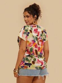 SHEIN VCAY Plus Allover Print Batwing Sleeve Summer Boho Blouse - Multicolor - View 2