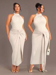 Radiana Đầm cổ yếm thanh lịch màu trơn cỡ lớn cho nữ, thiết kế xoắn eo thời trang, mùa xuân/hè - Màu be - Xem 11