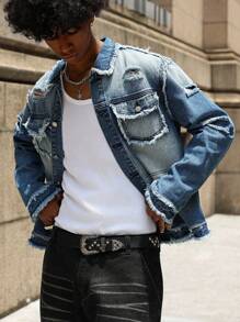 PAVTROS Áo khoác denim rách màu xanh nhạt rách rưới dáng ôm vừa vặn dành cho nam, phong cách đường phố thường ngày, áo khoác grunge, áo khoác denim rách dành cho nam, phong cách Emo - Rửa trung bình - Xem 6