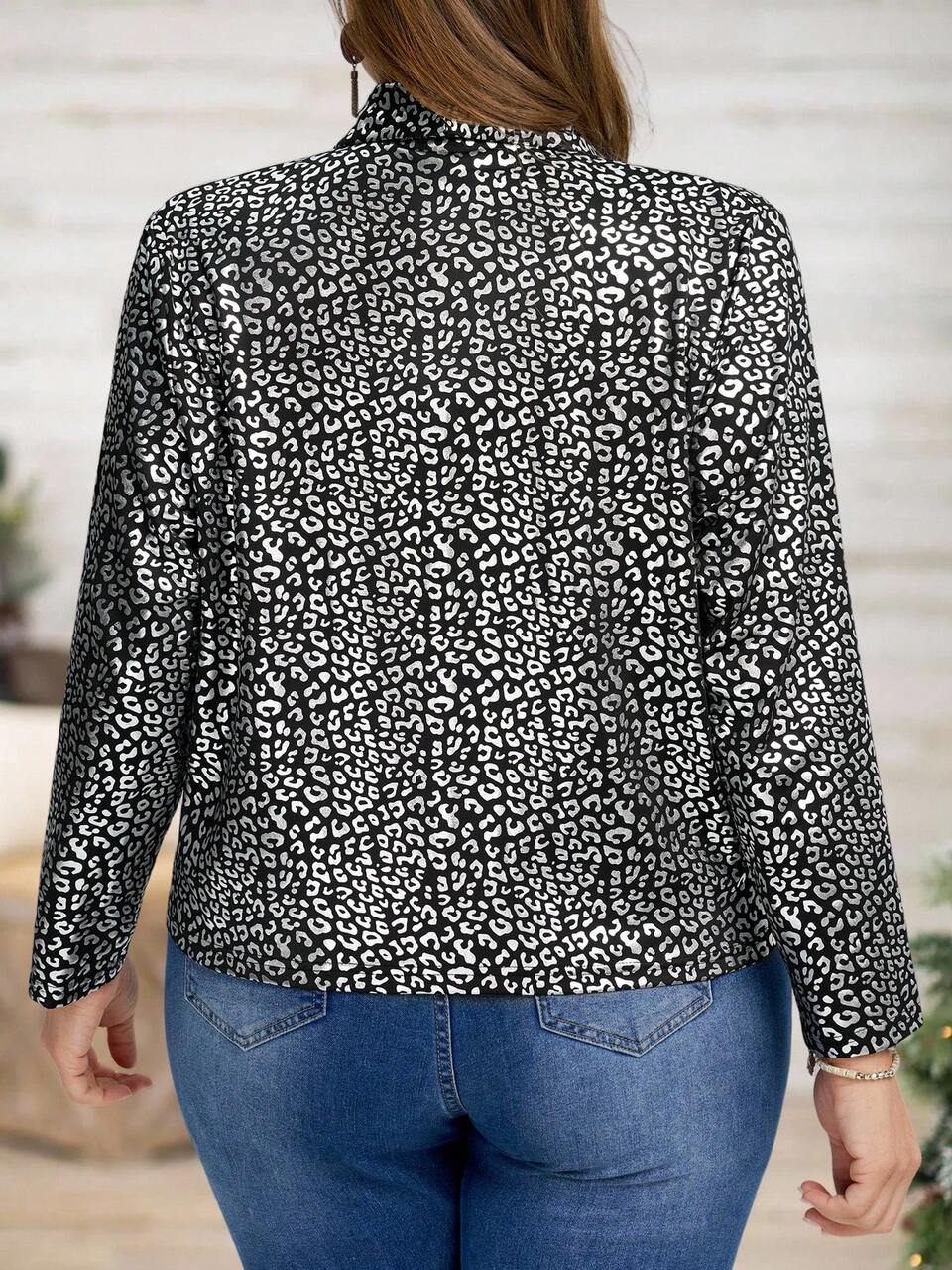 Plus Size Leopard Print Long Sleeve Casual Versatile Jacket,Autumn,Elegant,Black And White,Night Out Club Cheetah Print Women's Jackets,Concert Tops