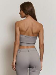 MUSERA Top corto tipo bandeau sexy, lindo, elegante y bohemio para vacaciones, de tela gruesa y suave, apropiado para la oficina. Atuendo elegante para mujeres, para volver a la escuela. - Gris - Ver 4