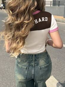 INAWLY T-shirt ajusté à manches courtes pour femmes avec imprimé lettres et chiffres en couleurs contrastées