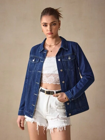 Chaqueta vaquera de manga larga con botones delanteros y bolsillo con solapa para mujer