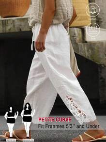 SHEIN PETITE Plus Size Women Cotton Straight-Leg Pants With Ruffle Hem, Figure-Flattering - White - View 1