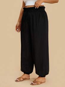 SHEIN VCAY 大码女式休闲黑色条纹抽绳哈伦裤，秋季百搭宽松长裤 - 黑色 - 查看 4