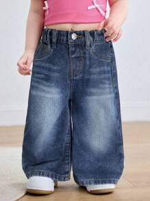 SHEIN 女婴蓝色牛仔宽松直筒裤 - 深色水洗藍 - 查看 6