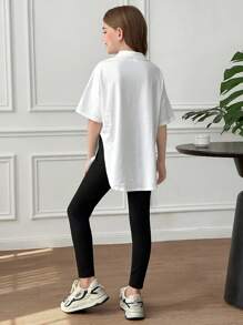 SHEIN Ensemble de 2 pièces pour jeune fille, style streetwear, t-shirt demi-zip avec col et legging noir unicolore, pour le port casual quotidien - Blanc - Voir 2