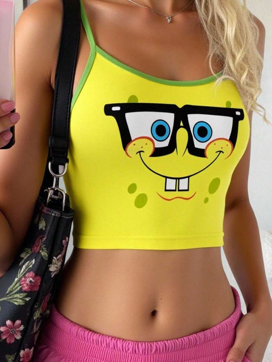 SpongeBob SquarePants | SHEIN 女士卡通图案撞色修身吊带背心黄色上衣适合外出