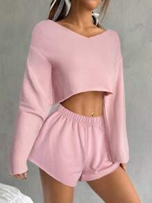 SHEIN 青少年女孩两件套 - 纯色长袖套头连帽衫和松紧腰短裤 - 粉色 - 查看 5