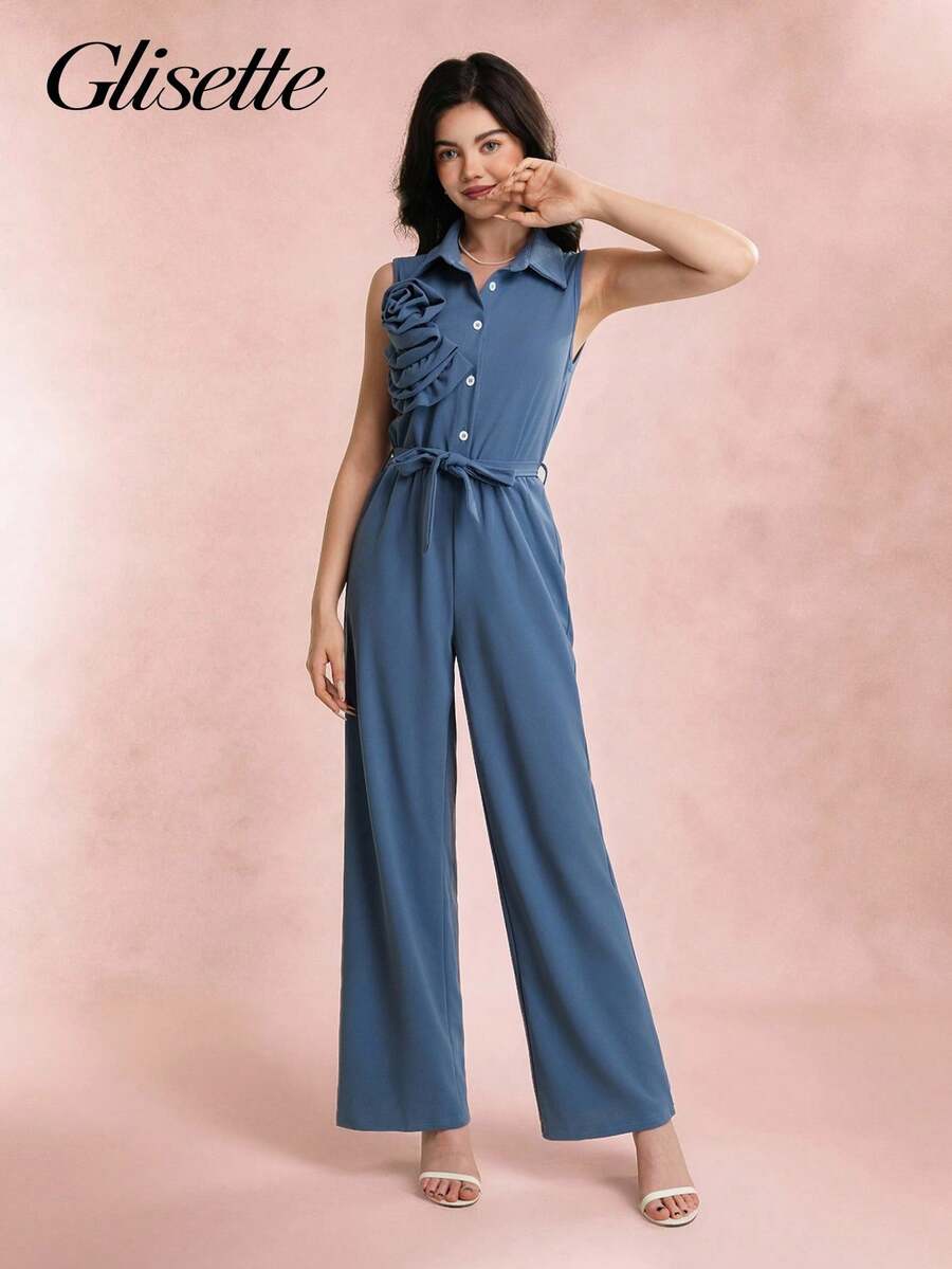 Teen Girls' Casual Daily Party Floral Elegant Jumpsuit, Suitable For School Graduation Season - Blue - View 1