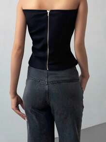 SHEIN LUNE Damen ärmelloses Crop Top mit Rollkragen, Einfarbig, europäisches & amerikanisches Modedesign, körperbetonter Schnitt, Frühling/Sommer - Schwarz - Übersicht 2