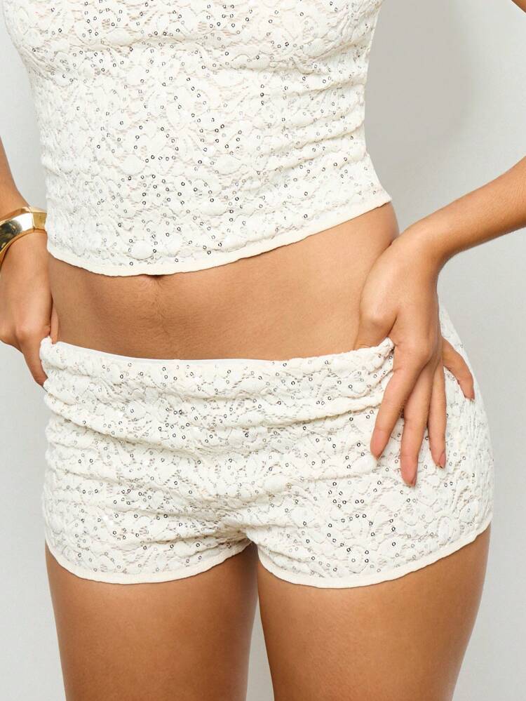 Sequined Lace Tank Top With Matching High Waist Shorts