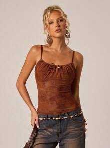 SHEIN Forever 21 橙色印花图案背心万圣节秋季女士外出上衣女士上衣西部装女士乡村音乐会 Y2k 上衣可爱上衣俱乐部紧身胸衣上衣音乐会朋克辣妹街头服饰俱乐部 - 棕色 - 查看 5