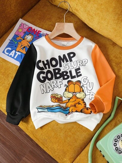 GARFIELD | SHEIN Young Boy Casual Cartoon Graphic Contrast Color Patchwork Sleeve Round Neck Sweatshirt, Autumn/Winter Fall