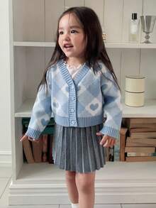 DAZY 女婴心形图案长袖单排扣休闲开衫 - 淺藍色 - 查看 4