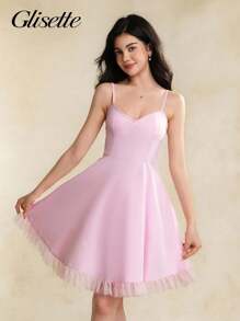 少女连衣裙，蝴蝶结装饰迷你吊带裙，腰部收褶方领，适合度假、户外、学校、春夏季 - 粉色 - 查看 7