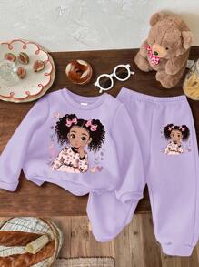 SHEIN Baby Girl Casual Minimalist Knit Soft Loose Fit Crew Neck Pullover Sweatshirt Set, Thick For Autumn/Winter Fall