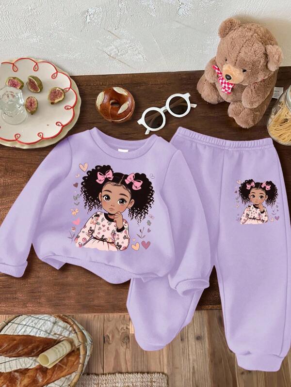 SHEIN Baby Girl Casual Minimalist Knit Soft Loose Fit Crew Neck Pullover Sweatshirt Set, Thick For Autumn/Winter