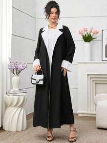 Yasmyna 法式和英式风格拼色长袖阿巴雅长袍，优雅长袍 - 黑色 - 查看 5